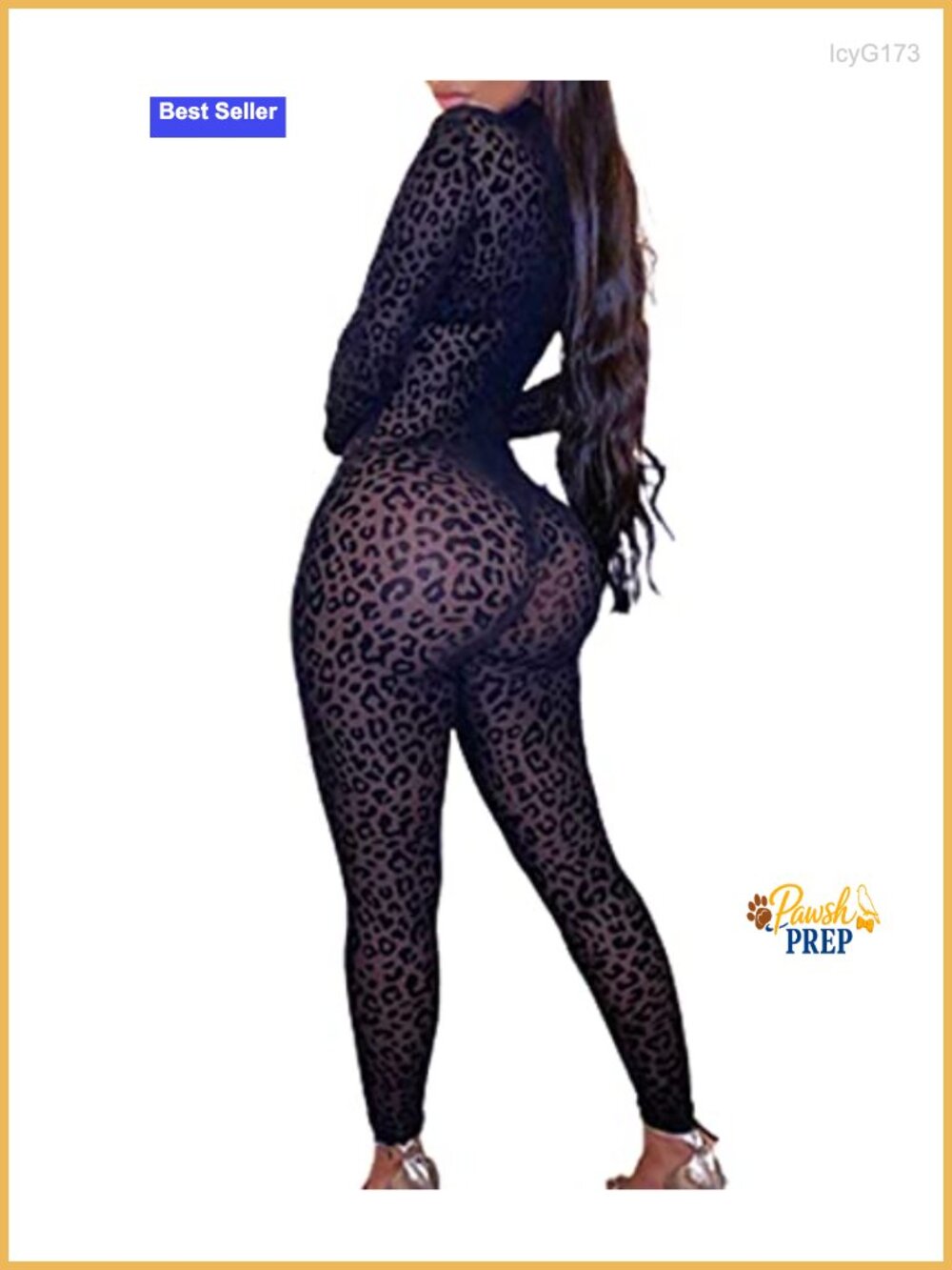 Sheer Mesh Leopard Jumpsuit Long Sleeve Bodycon See Through Jumpsuit